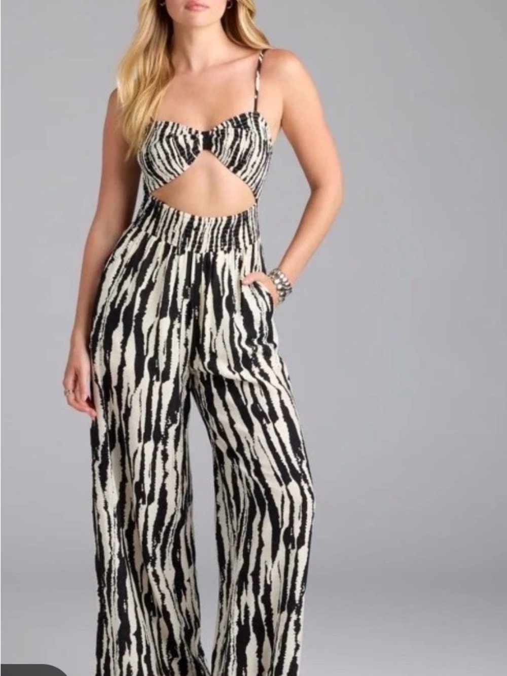 Windsor Remarkable Energy Abstract Striped Wide-Leg Jumpsuit Black and Cream